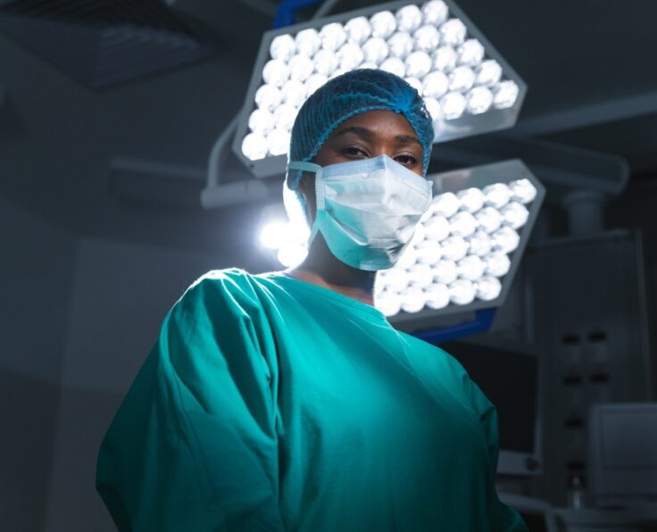 Portrait,Of,African,American,Female,Surgeon,Wearing,Surgical,Gown,And